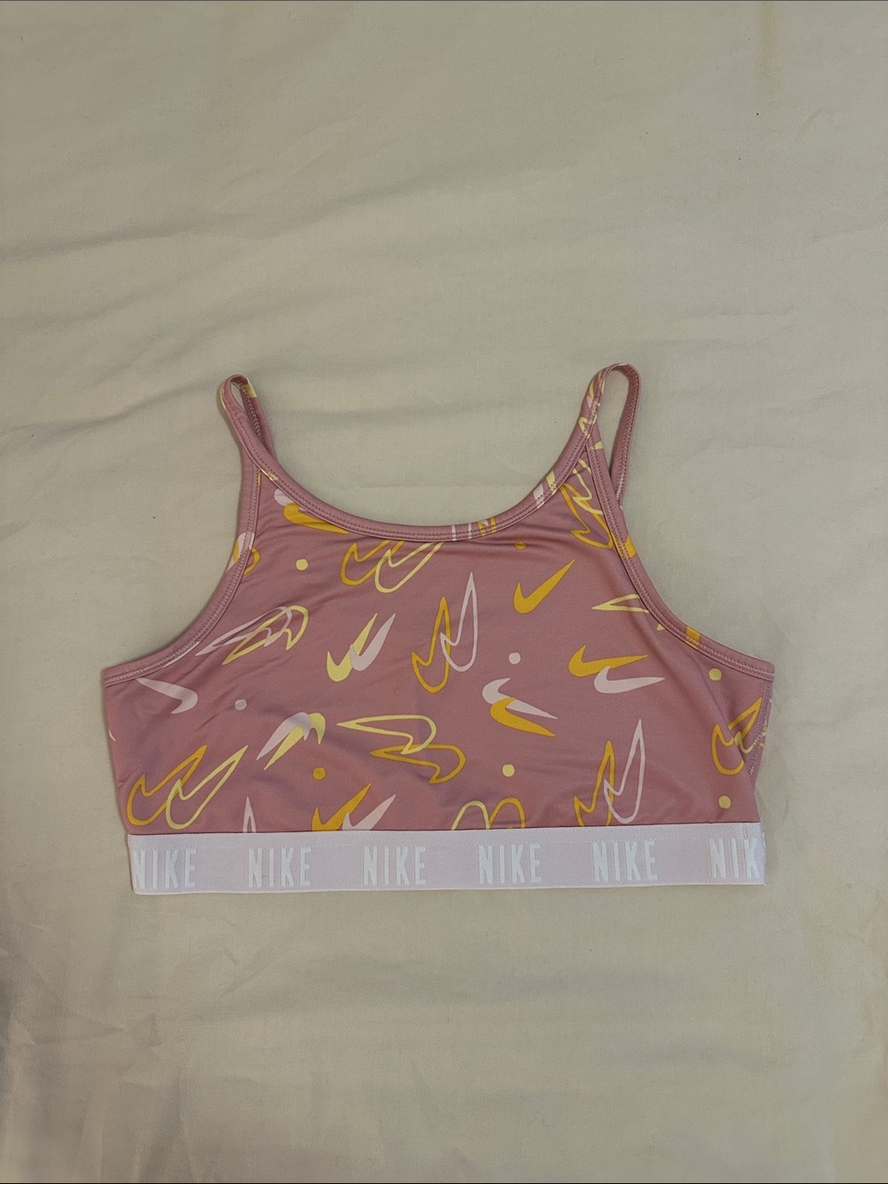Nike Pink Sports Bra with Yellow & White Swoosh Print